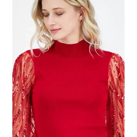 Tahari Sweaters - T Tahari Women's Sequin-Sleeve Mock-Neck Sweater Holidays Party Top red XL